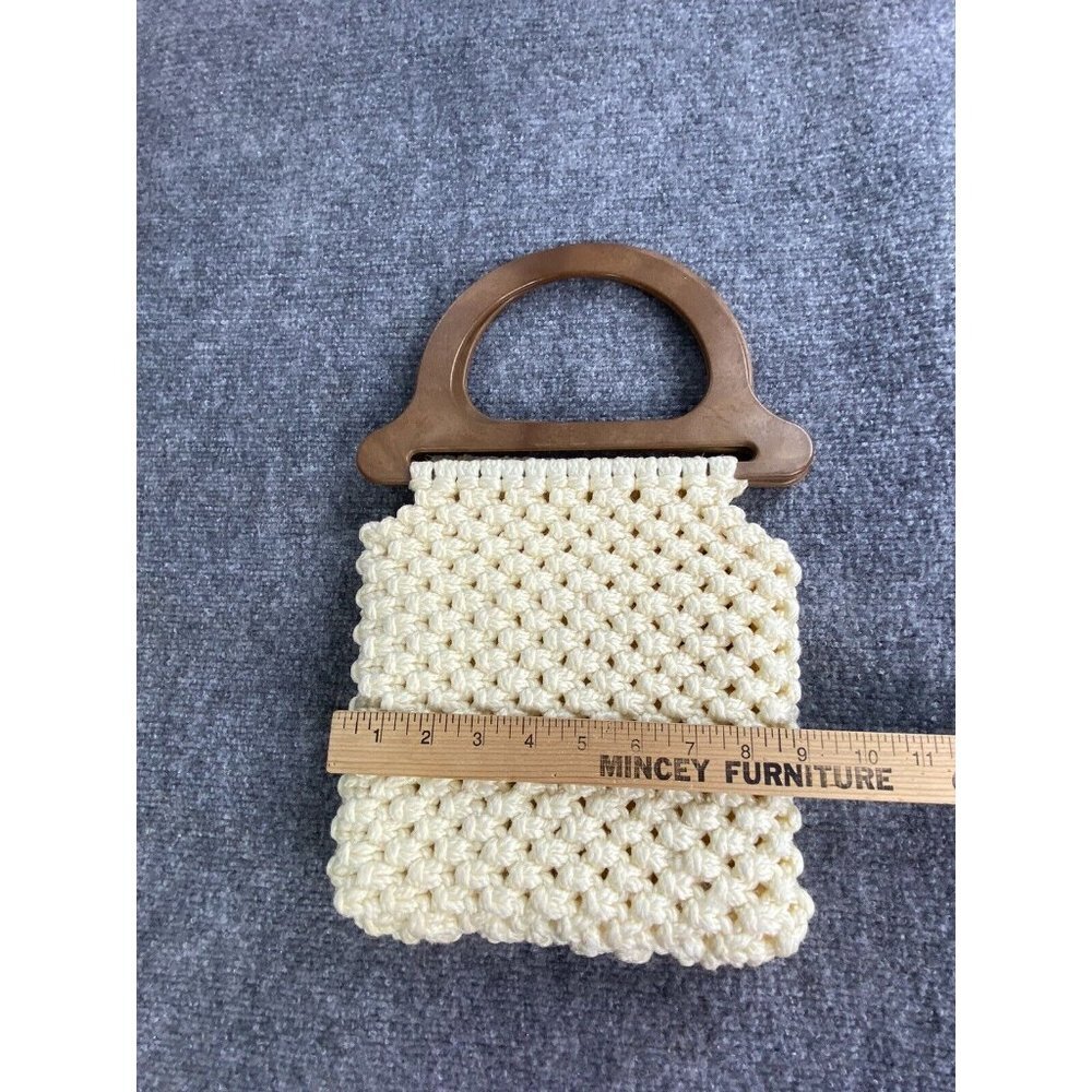 Vintage 70s‎ Macrame Handbag Cream Wooden Handles Boho Handmade Purse Festival - Picture 10 of 15